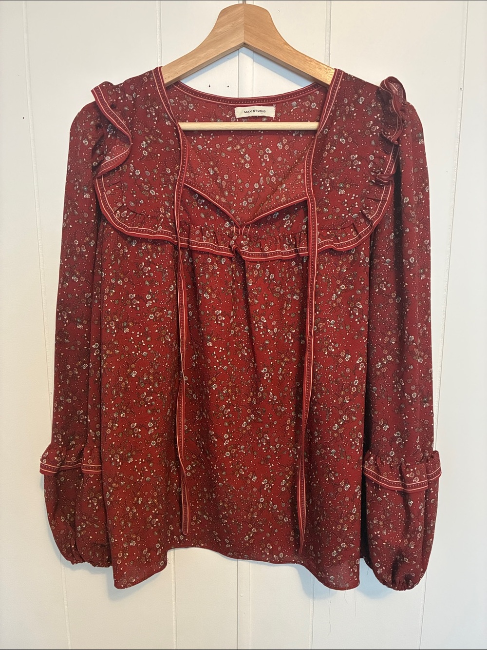 Max Studio Rust Floral Ruffle Tie-Neck Blouse